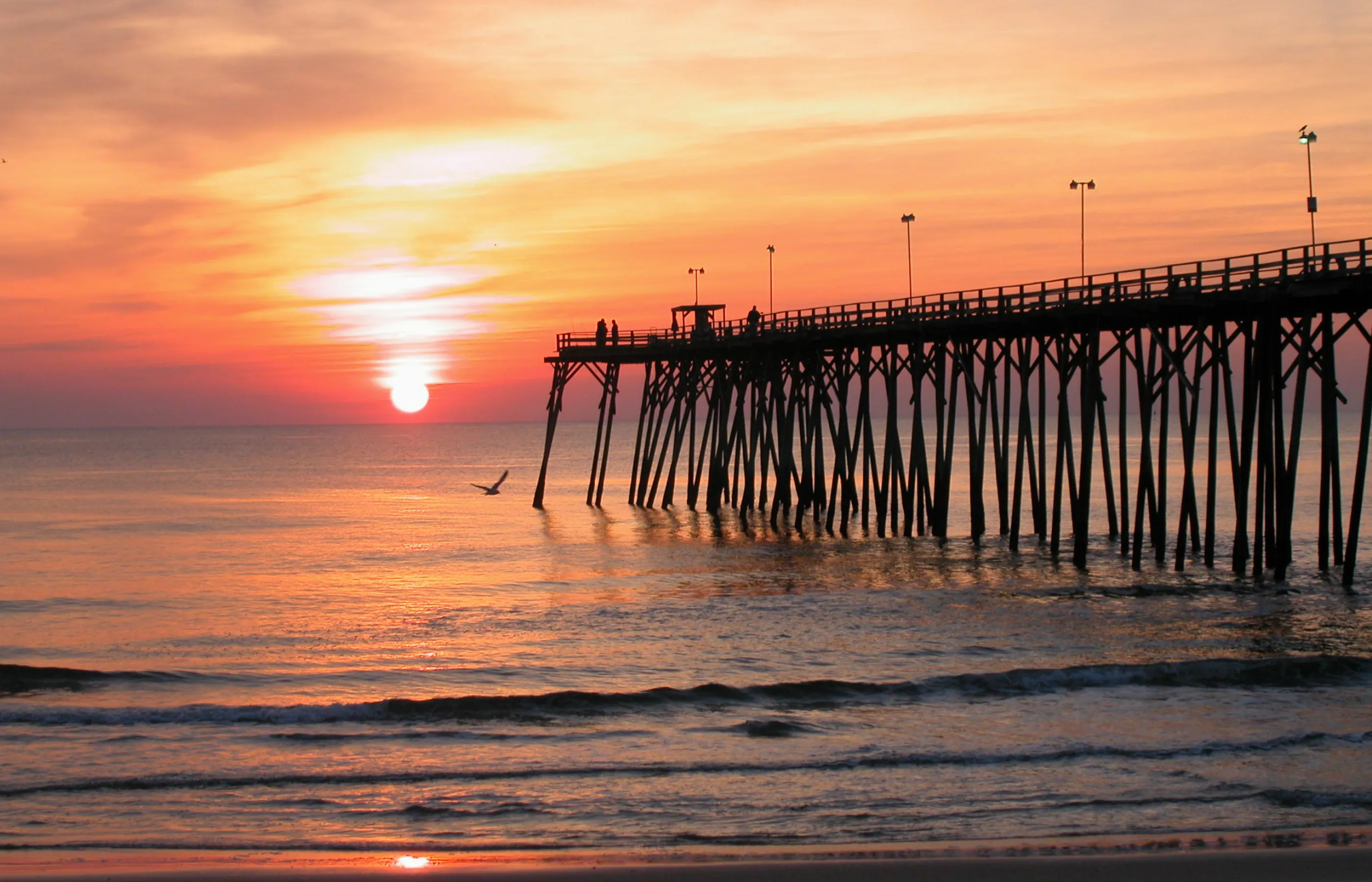 A silhouette of a pier in Wilmington at sunset.