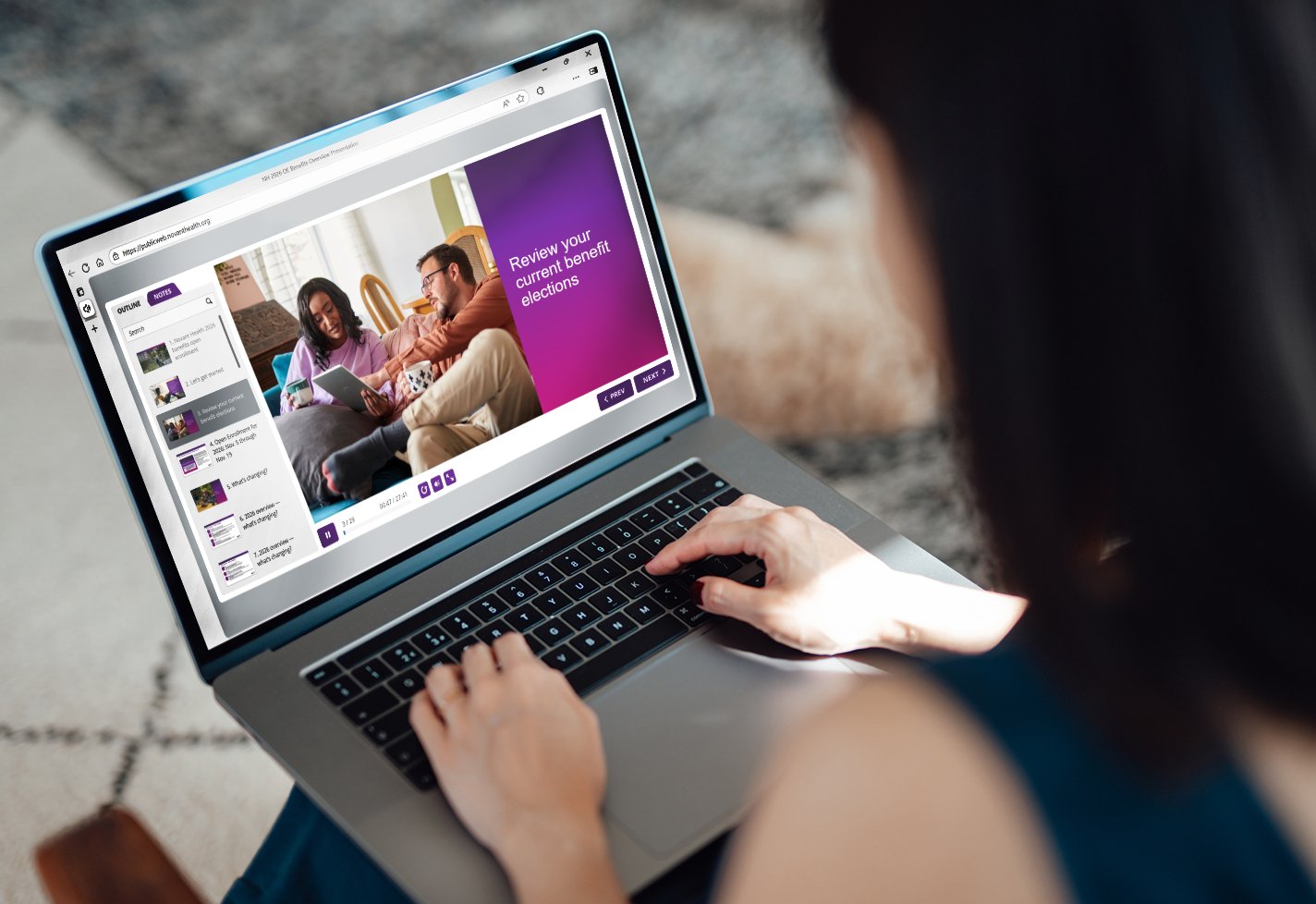 Self-paced Novant Health benefits presentation on a laptop