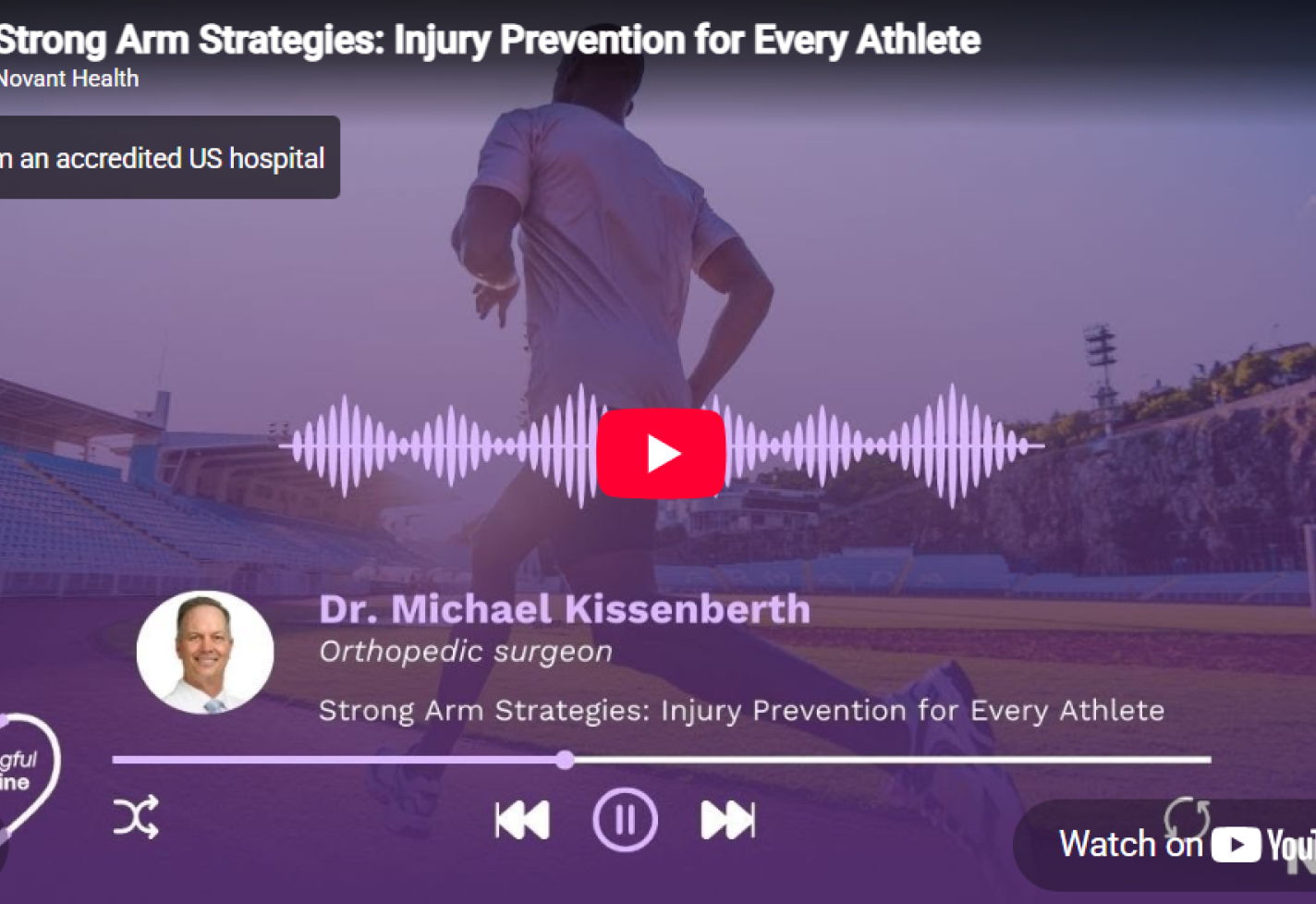A video screen for a podcast overlaying a runner that discusses preventing injury.