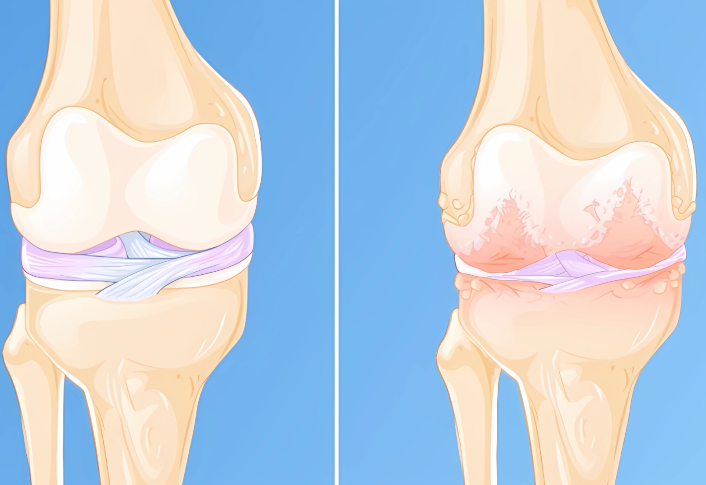 Side by side comparative medical illustrations of a knee joint with arthritis.
