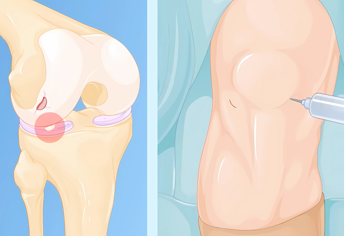 A medical illustration of a knee anatomy next to an illustration of a knee arthroscopy procedure.