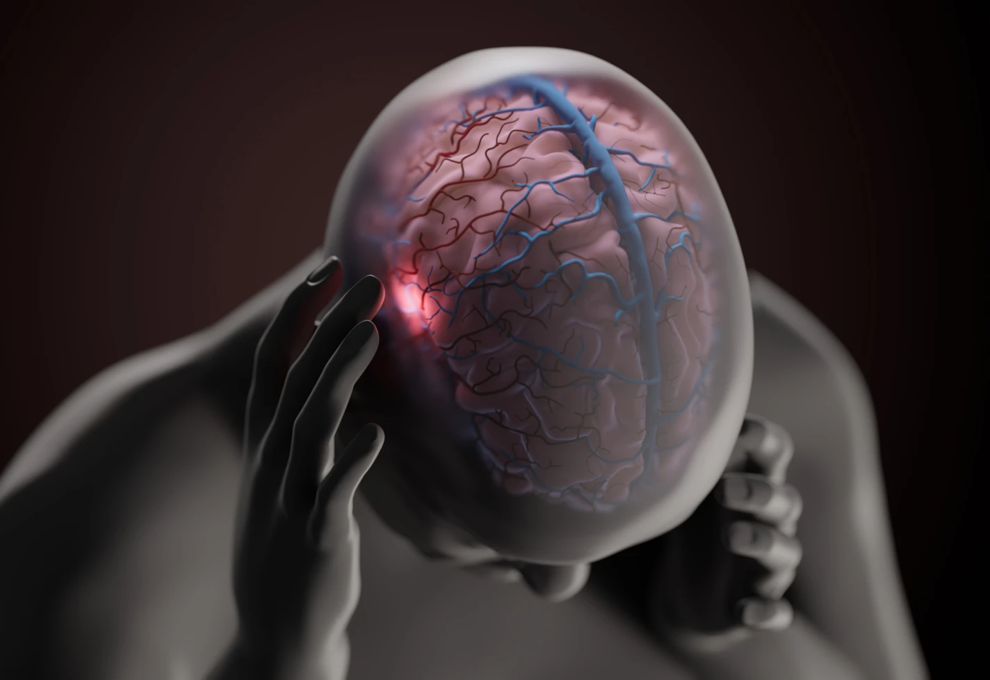 Medical illustration of the brain with a highlighted area of neurological pain or injury. 