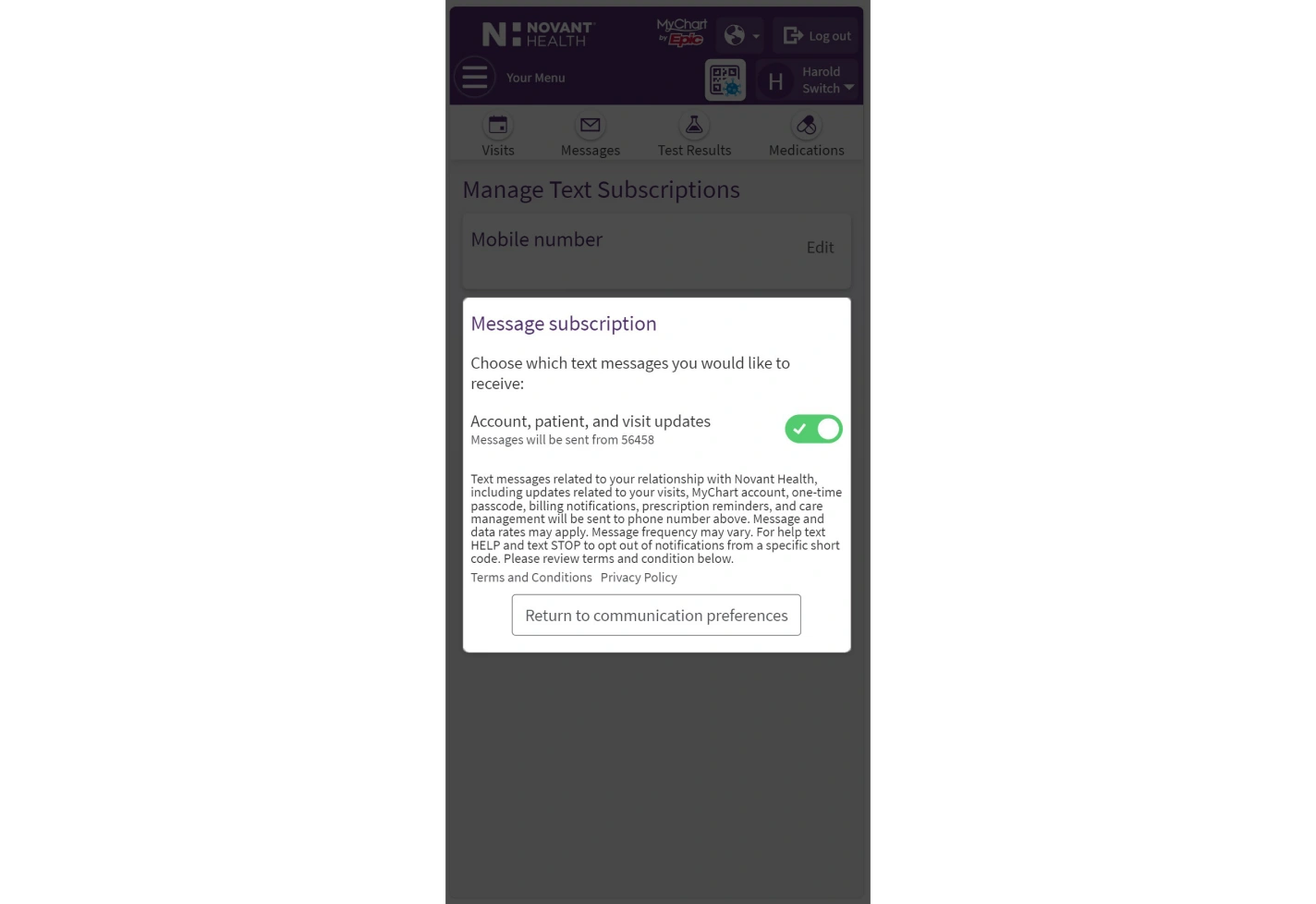 MyChart Manage Text Subscriptions screenshot
