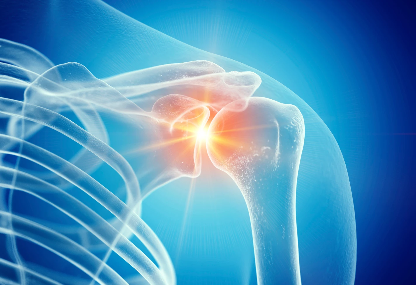 Medical illustration highlighting pain in the shoulder joint.