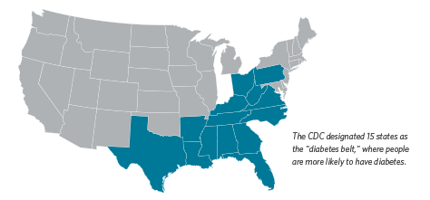 map of U.S. states the CDC has designated as the "diabetes belt"