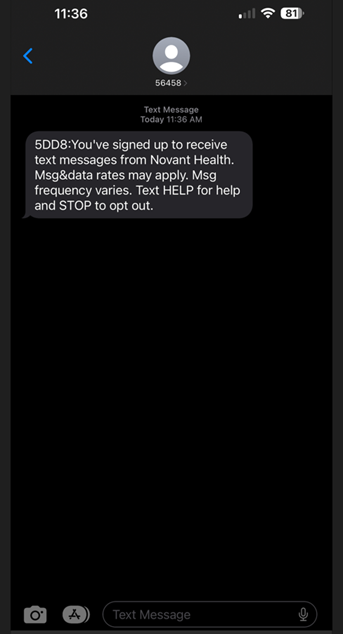 MyChart mobile screenshot showing verification text message