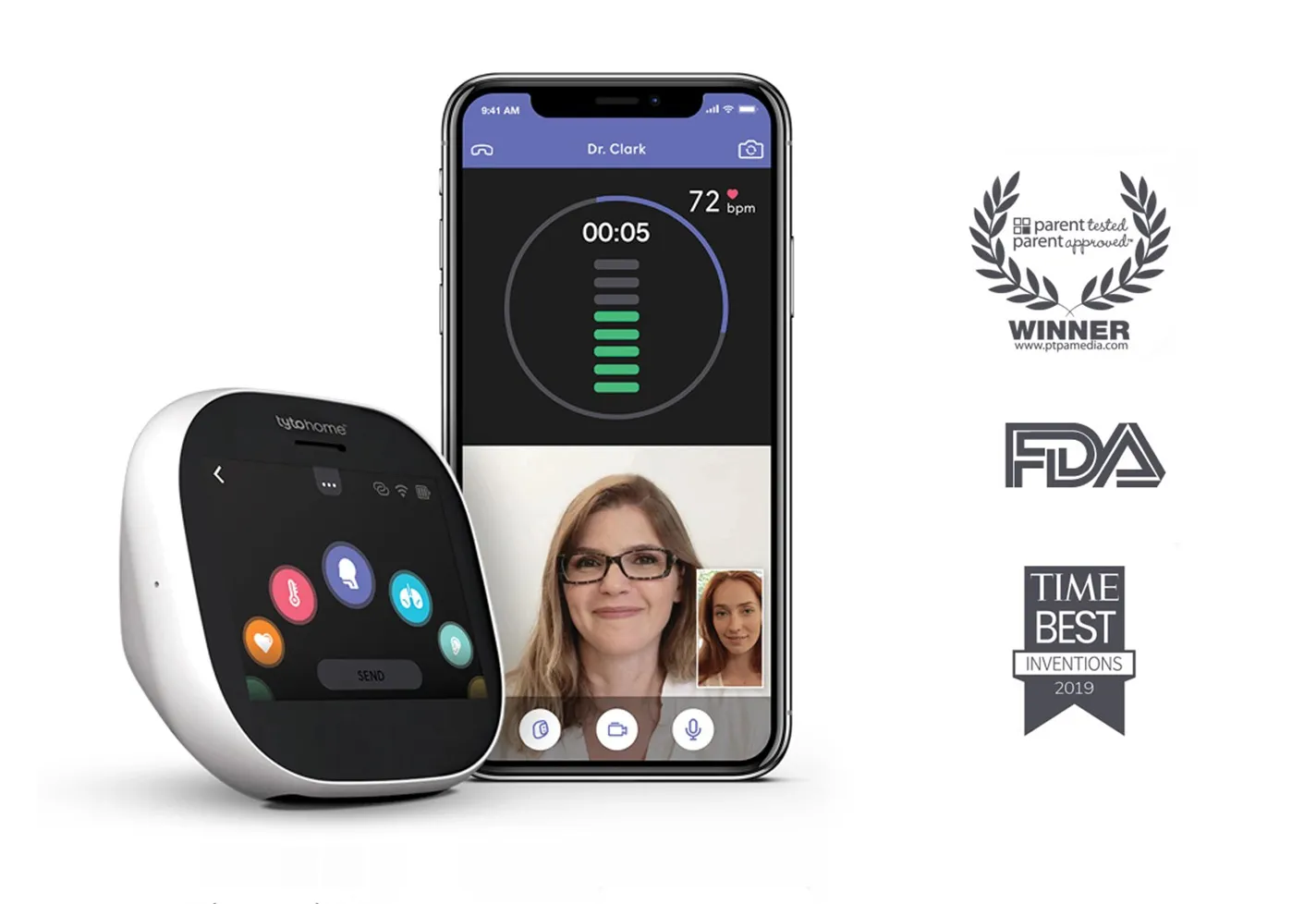 TytoHome device next to a smart phone showing a patient on a video visit with Dr. Clark. Also shown are the logos for 3 logos: Parent Tested Parent Approved (PTPA) winner, FDA, and Time: Best Inventions, 2019