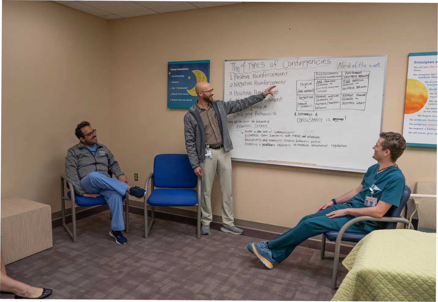 Psychiatry residency faculty in Wilmington, NC at a whiteboard teaching 2 students