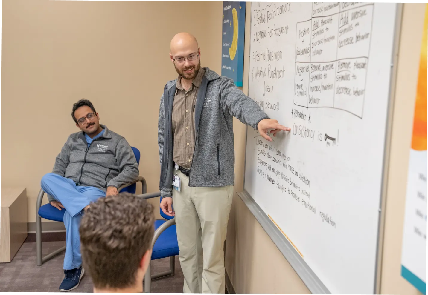 Psychiatry residency faculty in Wilmington, NC at a whiteboard teaching a student