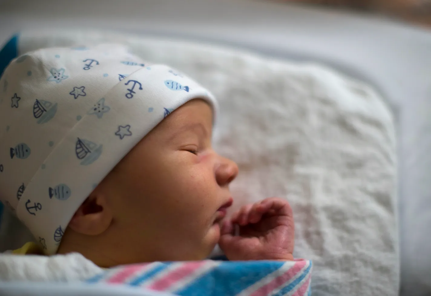 Newborn baby is lying down in a bassinet