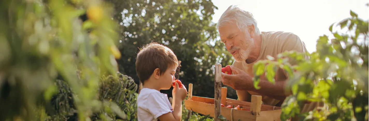 boy with grandfather in garden