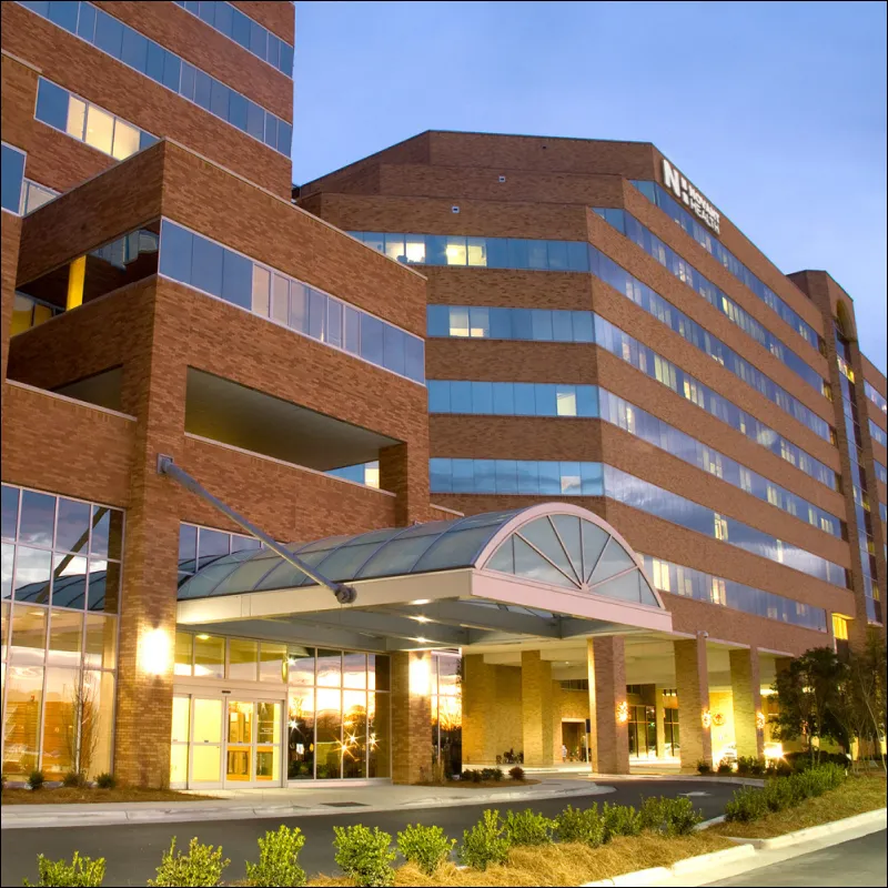 Novant Health Forsyth Medical Center front entrance at dusk